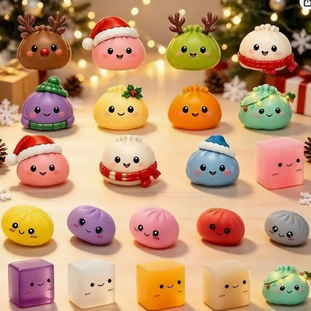 Samlingen med 24 squishy-dumplings i julmiljö